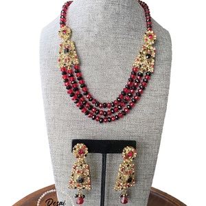Indian Red and Black Stone Studded Necklace with Earrings